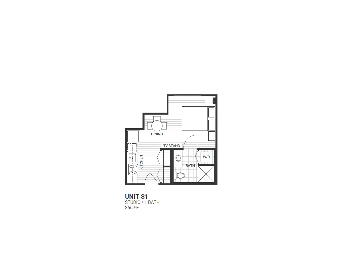 Floor plan for studio, 1 bath, 366 sqft
